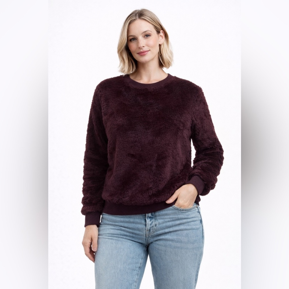 Love tree Purple faux fur sweater with elastic waist and cuffs in size M
